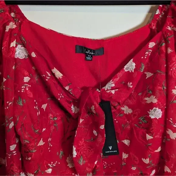 Lulu's red floral tie front long sleeve top - Picture 13 of 14